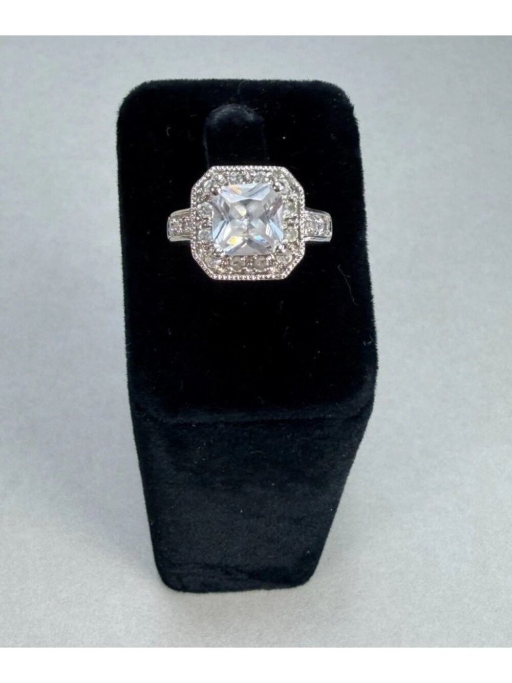 Princess Cut Halo CZ Engagement Style Ring Silver Tone Size 7 Sparkling